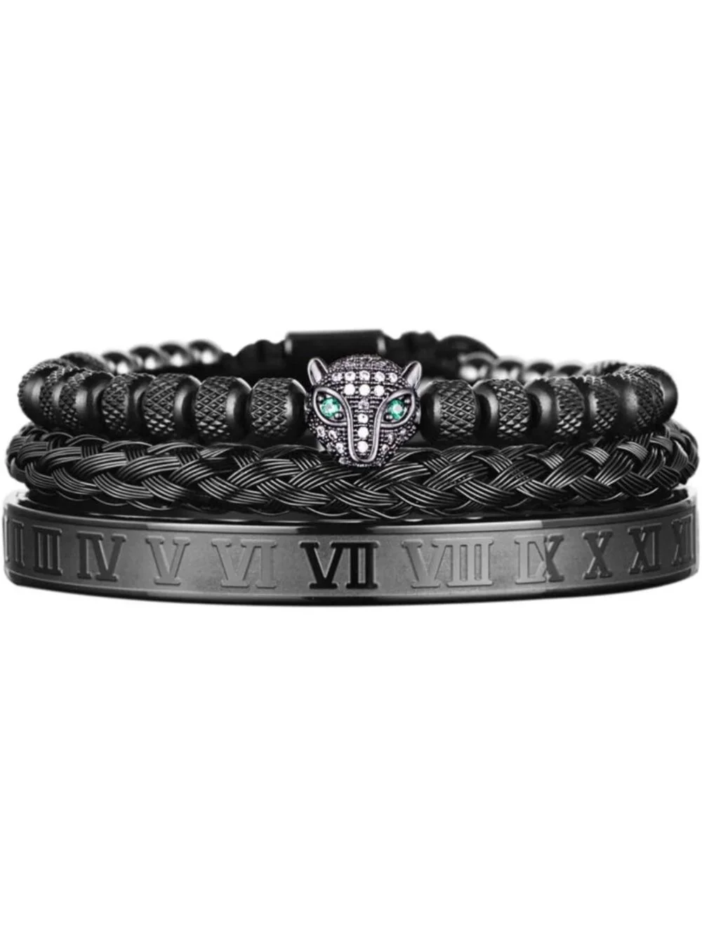 3pcs Handmade Braided Hip Hop Bracelets Set with CZ Leopard Head & Roman